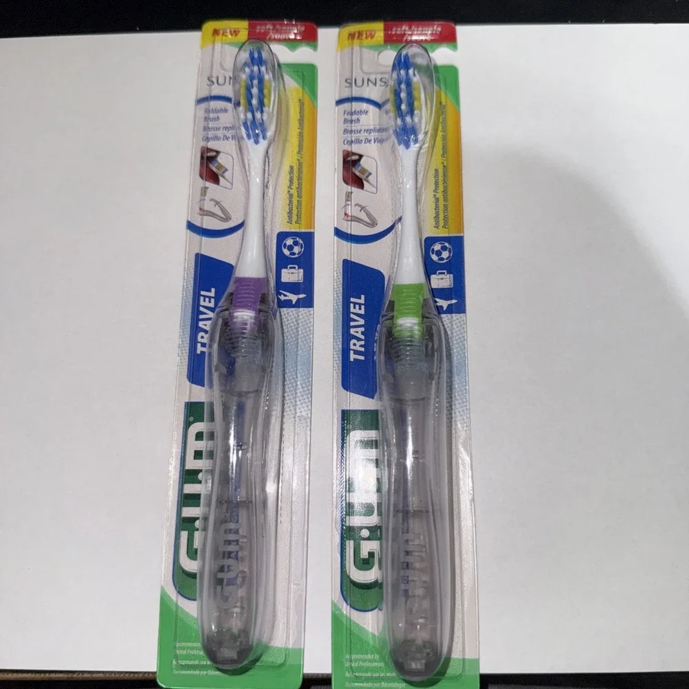 GUM Travel Toothbrush Foldable On The Go Soft Bristles Anti-Bacterial Lot of 2‎